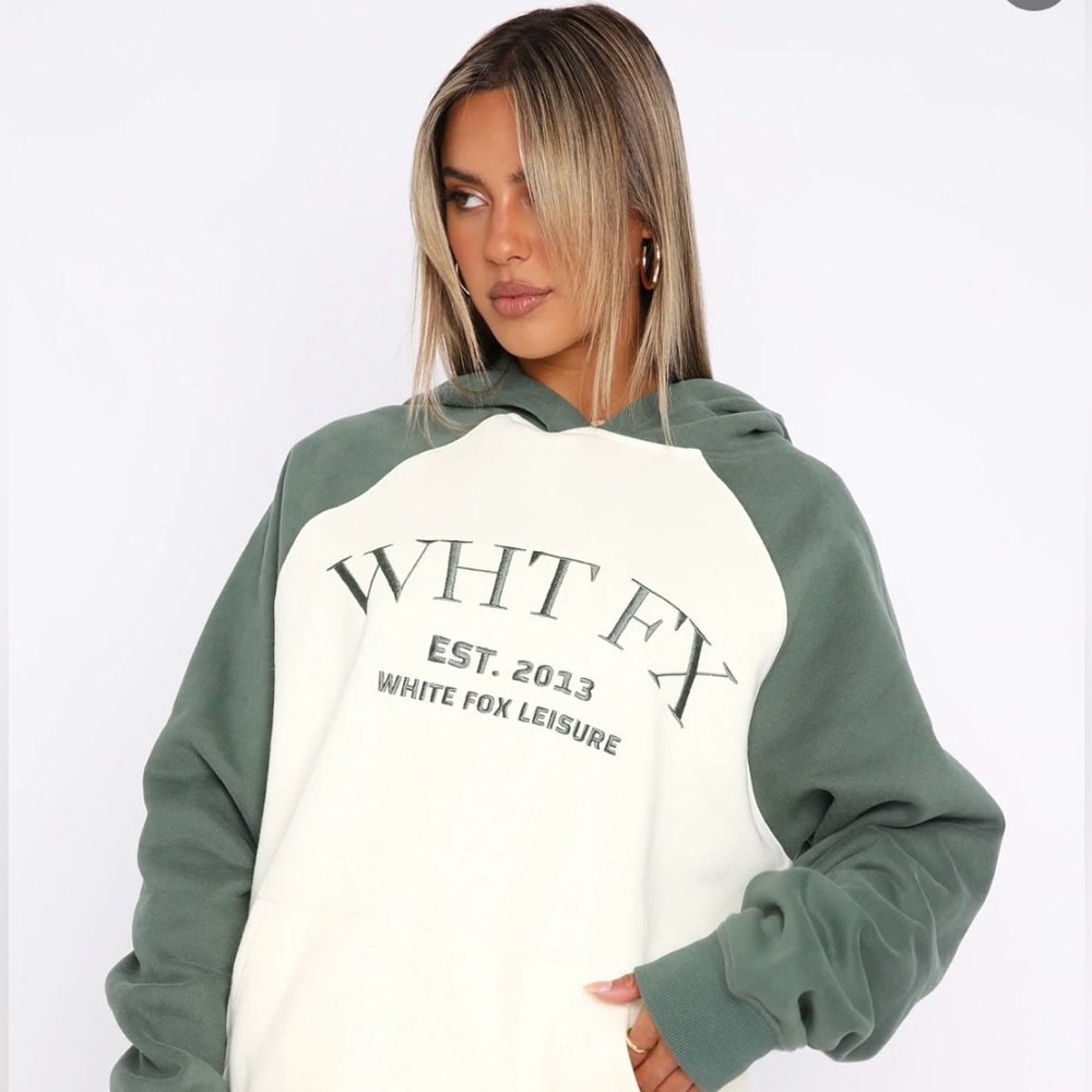 White Fox Boutique Cream and Olive Green Raglan Hoodie